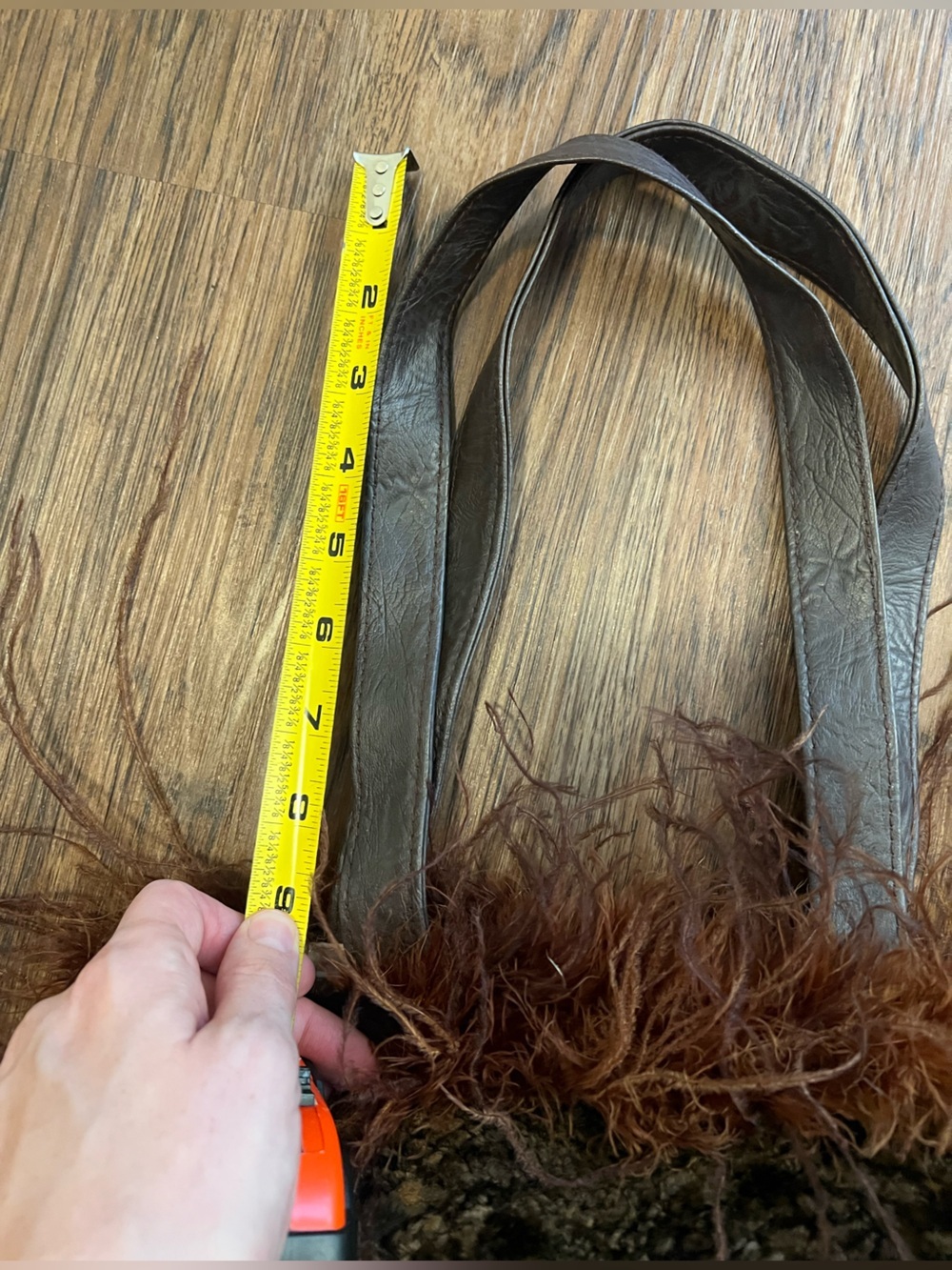 Faux Shearling Tote with Feather Trim - Brown 90s Y2K purse fuzzy furry purse - Picture 7 of 8